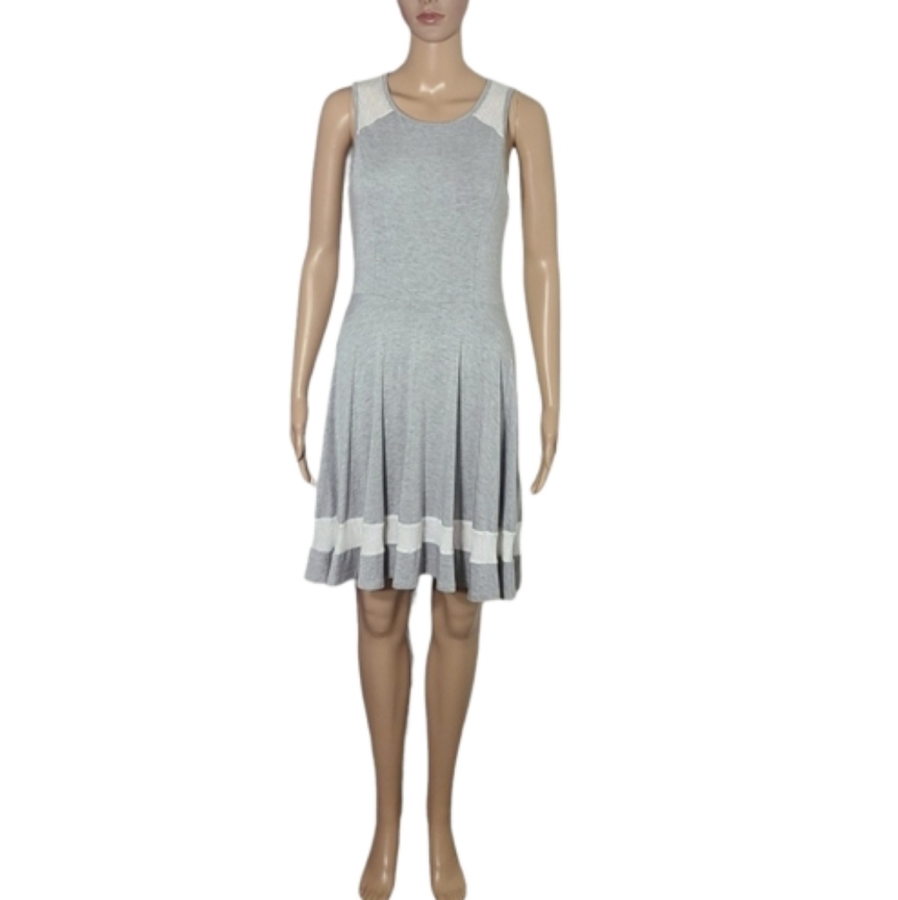 Ella Moss Grey and White Perforated Fit and Flare Sleeveless Knit Dress Size M